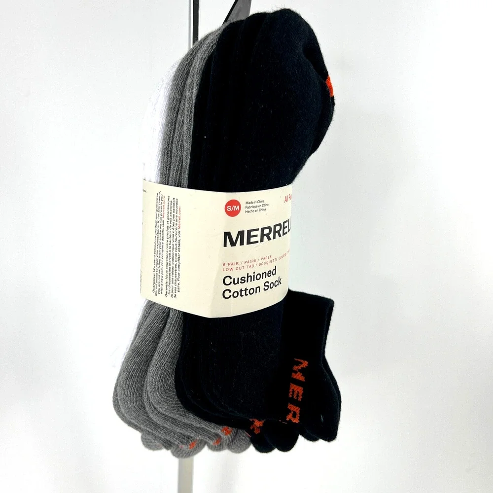 NEW Merrell Men Cushioned Low Cut Tab Socks 6 Pairs Breathable Black Gray White